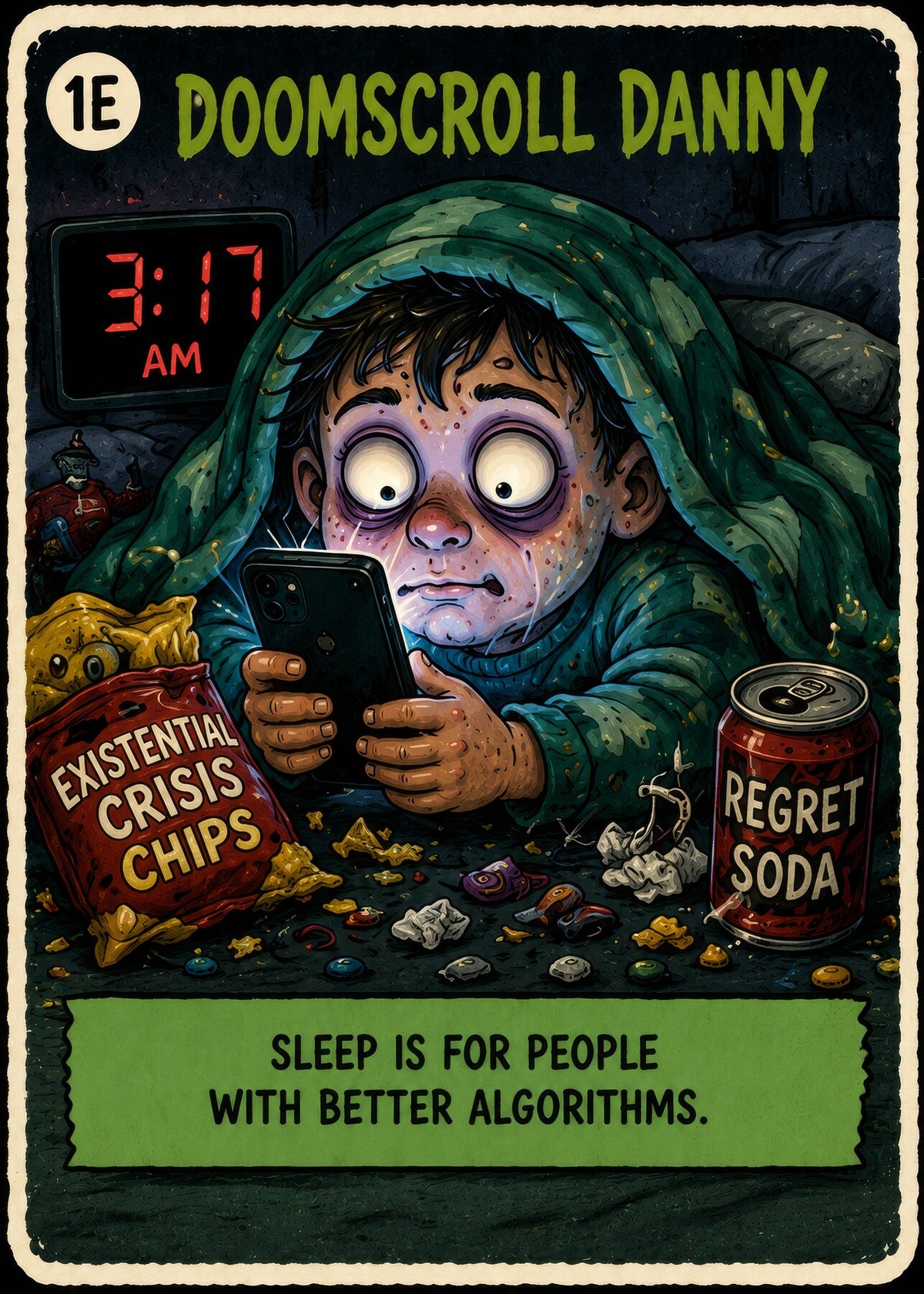 Doomscroll Danny: Sleep Is for People with Better Algorithms.