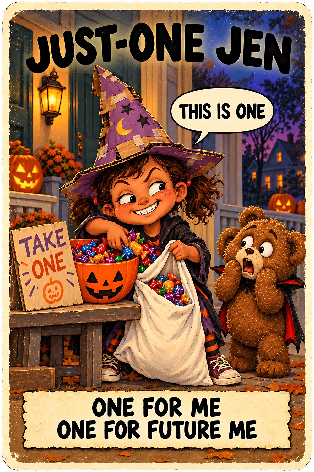 Just-One Jen Halloween character card by Brain Rot Bunch