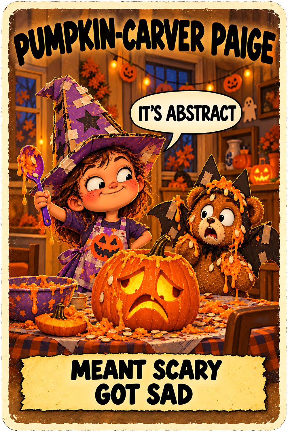 Pumpkin-Carver Paige Halloween character card by Brain Rot Bunch