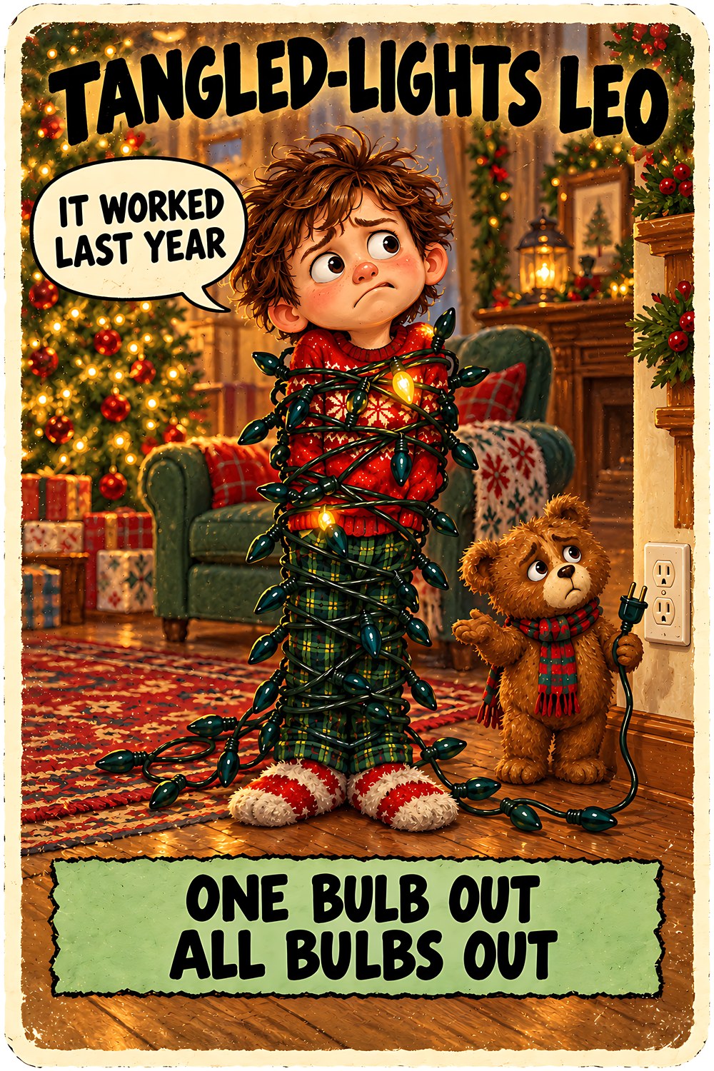 Tangled-Lights Leo Christmas character card by Brain Rot Bunch