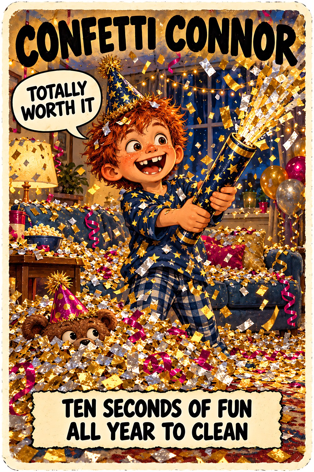 Confetti Connor New Year's character card by Brain Rot Bunch