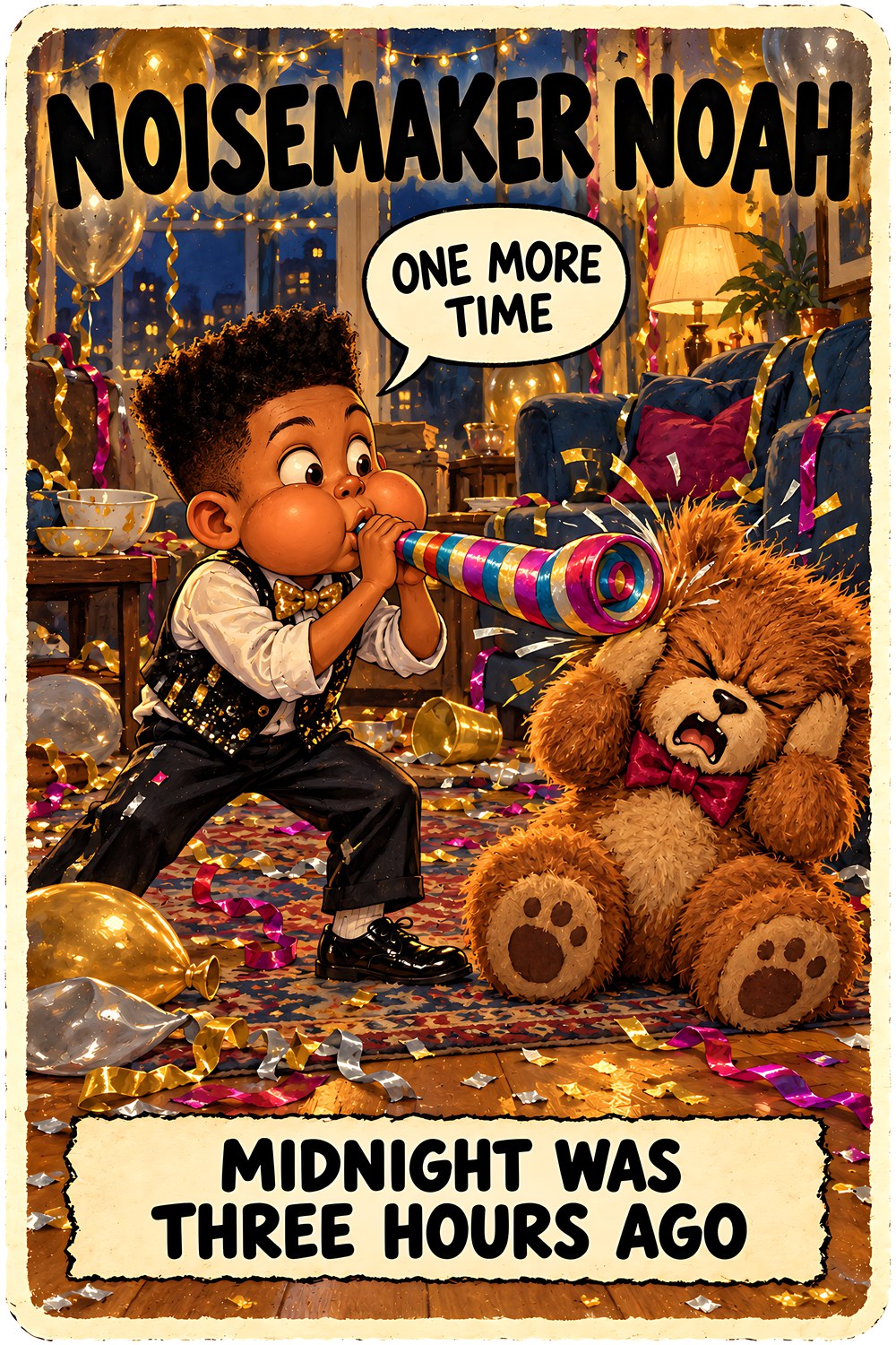 Noisemaker Noah New Year's character card by Brain Rot Bunch