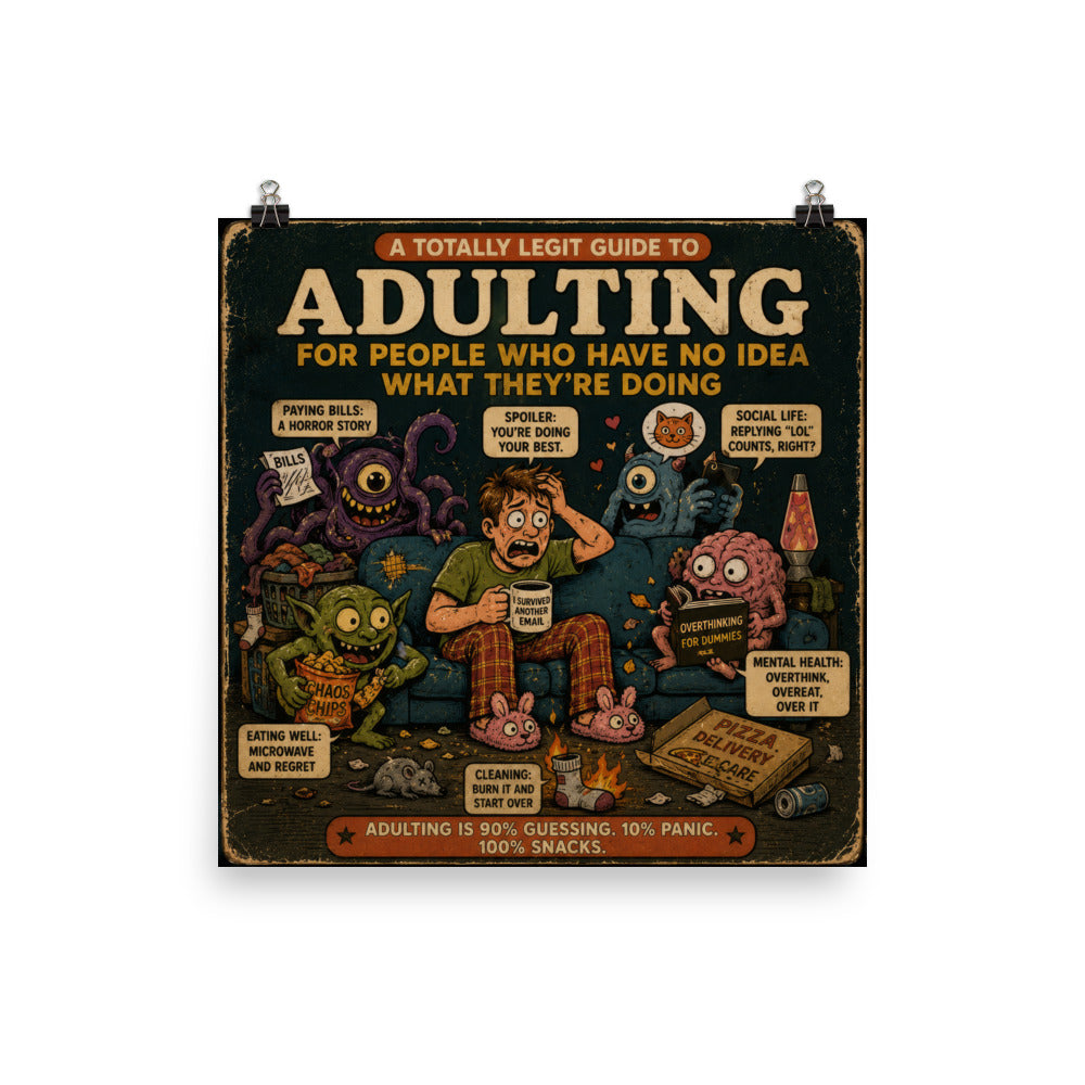 Adulting for People Who Have No Idea What They're Doing Poster by Brain Rot Bunch, 12 x 12 inch size