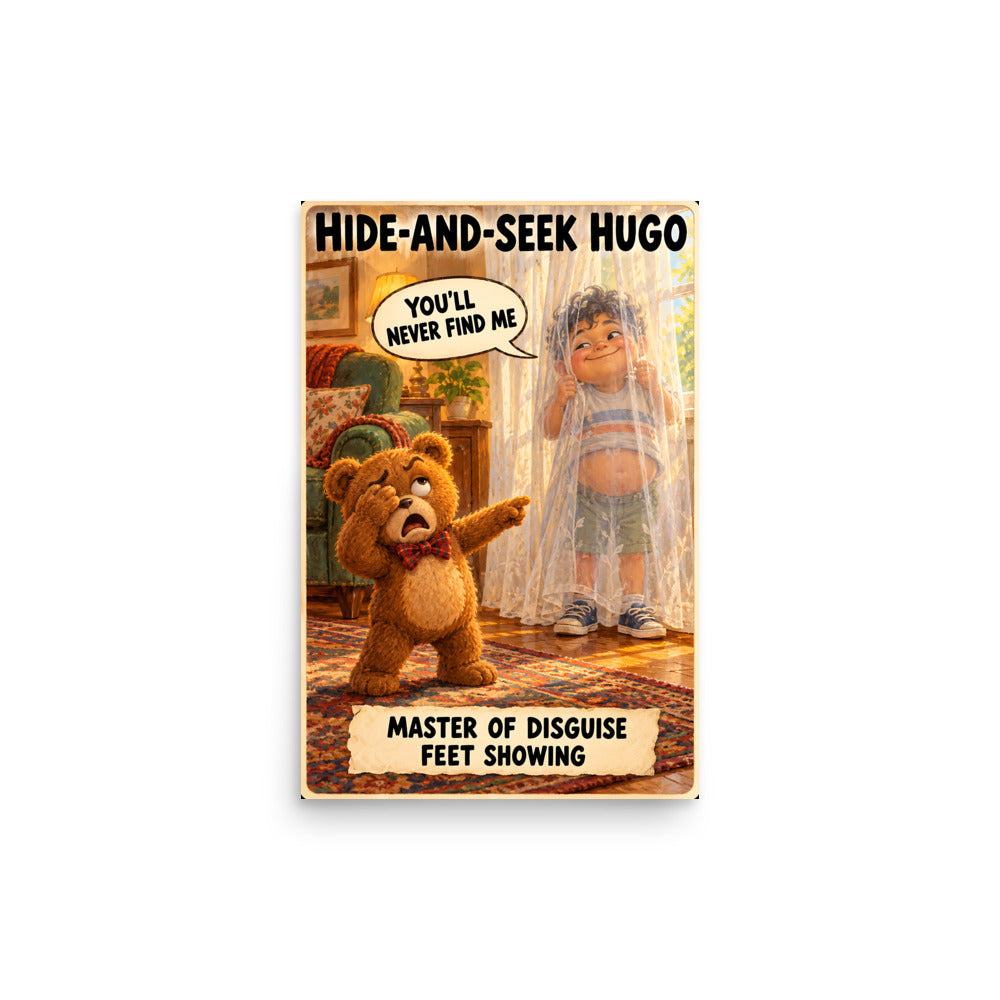 Hide-and-Seek Hugo Poster by Brain Rot Bunch, 12 x 18 inch size