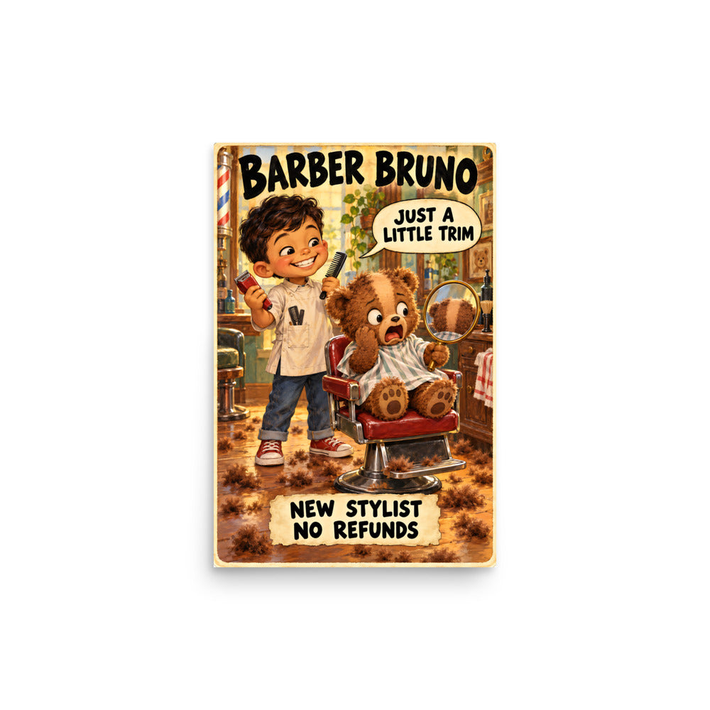 Barber Bruno Poster by Brain Rot Bunch, 12 x 18 inch size