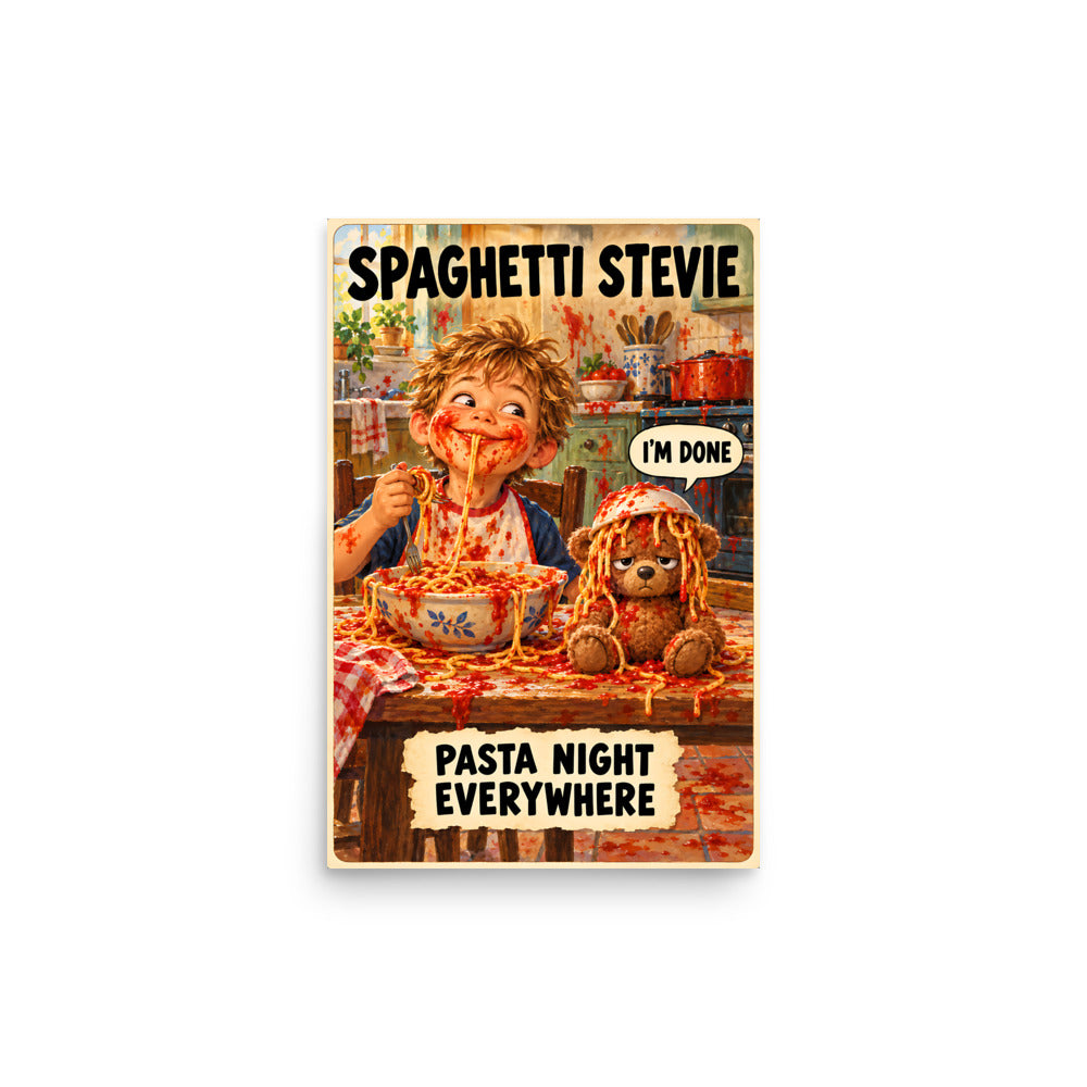 Spaghetti Stevie Poster by Brain Rot Bunch, 12 x 18 inch size