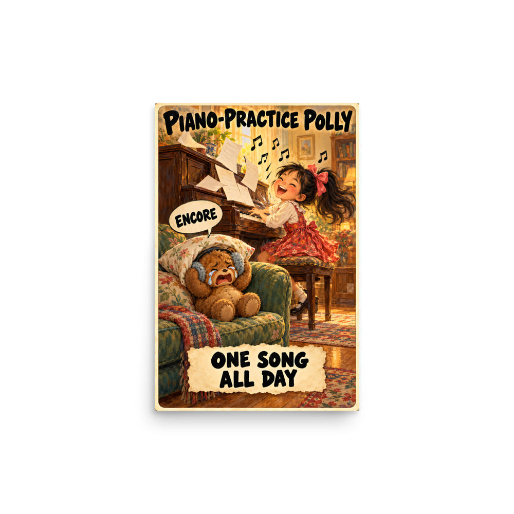 Piano-Practice Polly Poster by Brain Rot Bunch, 12 x 18 inch size