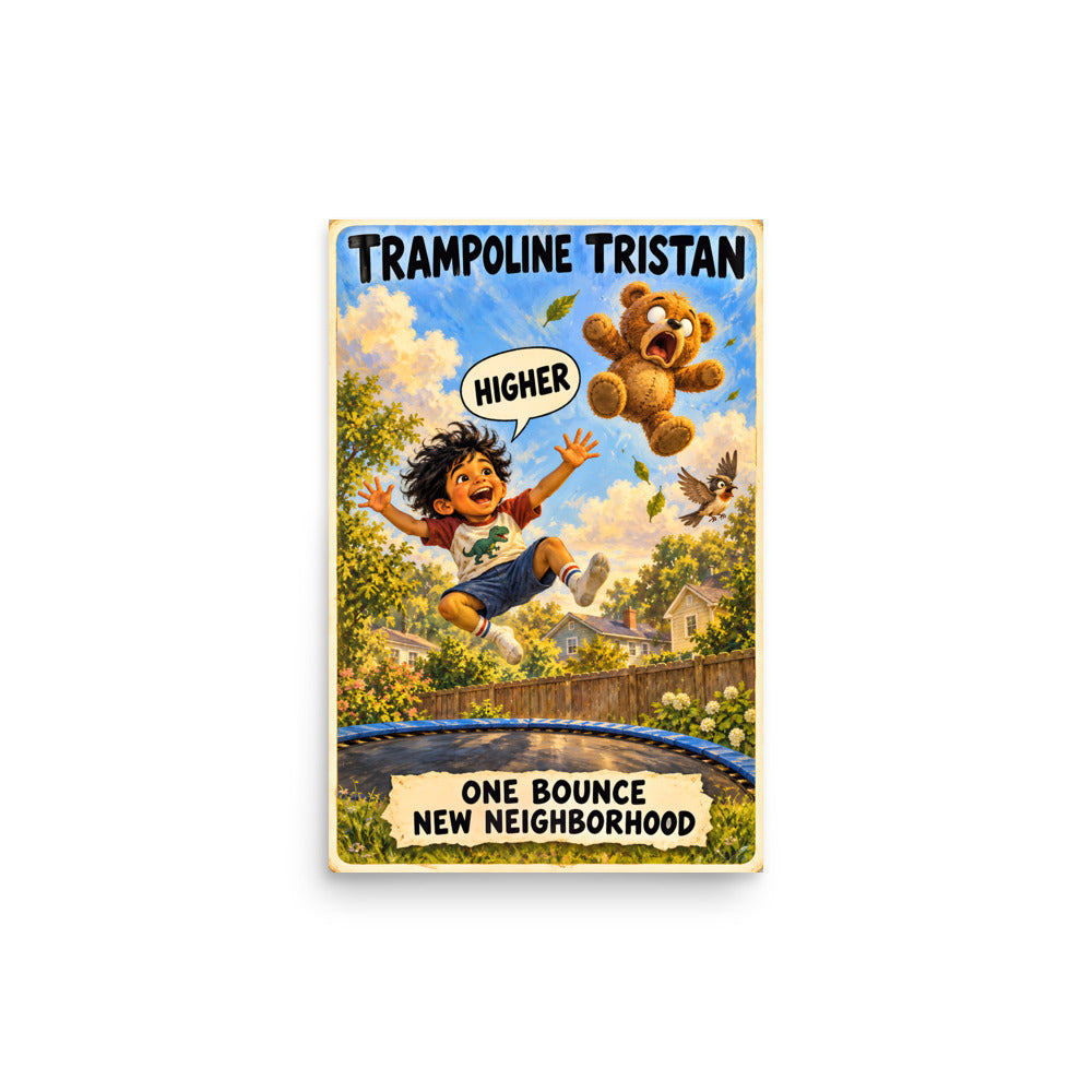Trampoline Tristan Poster by Brain Rot Bunch, 12 x 18 inch size