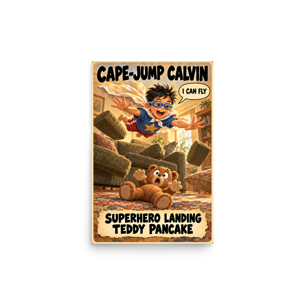 Cape-Jump Calvin Poster by Brain Rot Bunch, 12 x 18 inch size