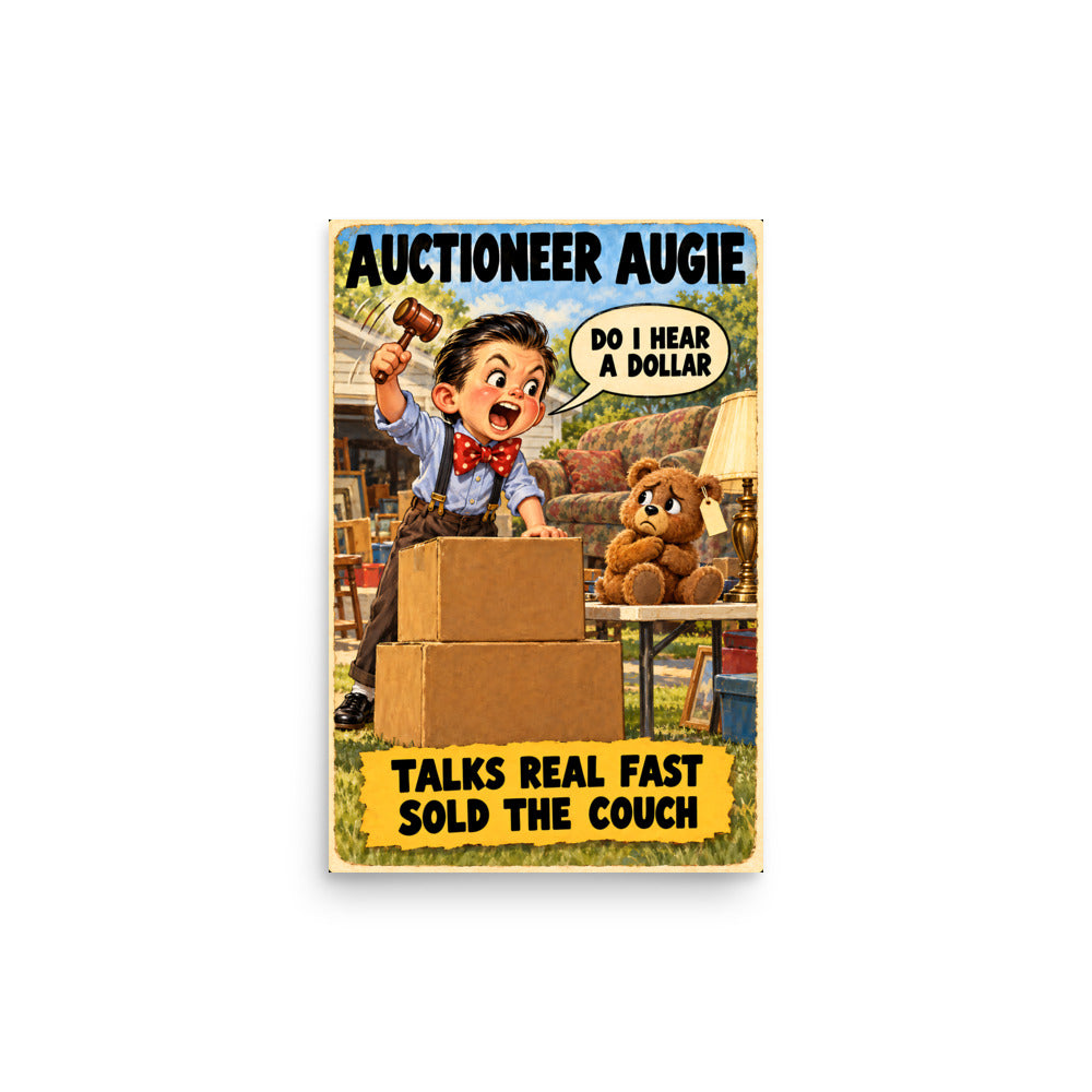 Auctioneer Augie Poster by Brain Rot Bunch, 12 x 18 inch size