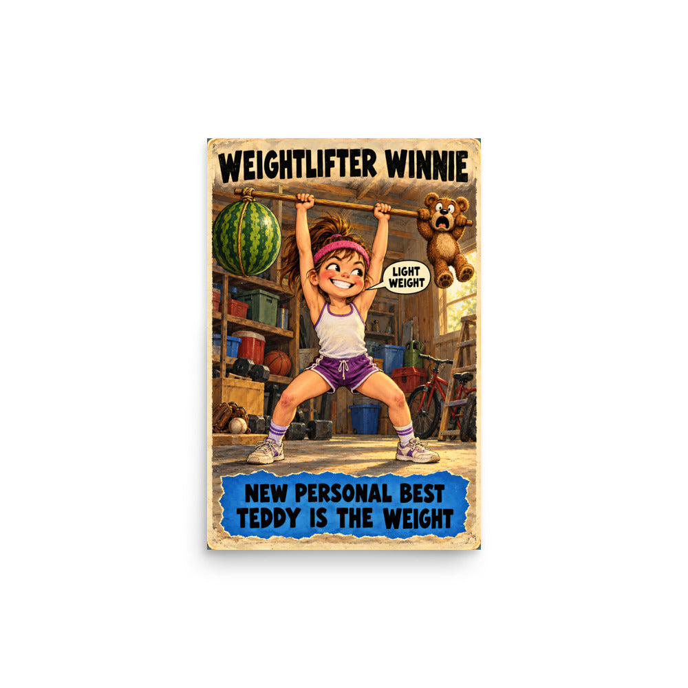 Weightlifter Winnie Poster by Brain Rot Bunch, 12 x 18 inch size