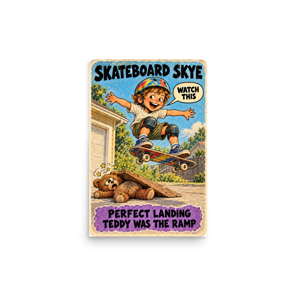Skateboard Skye Poster by Brain Rot Bunch, 12 x 18 inch size