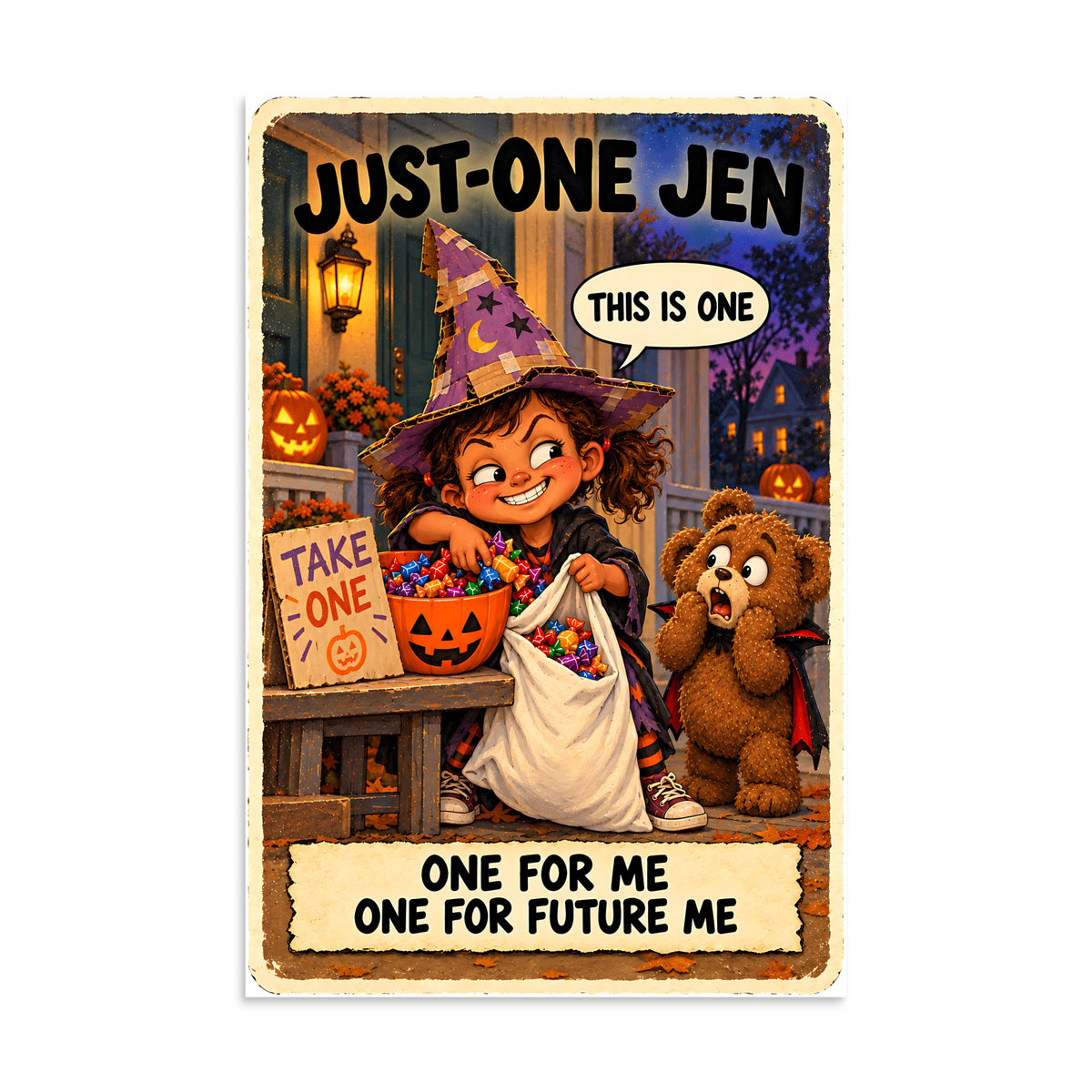 Just-One Jen Poster by Brain Rot Bunch, 16 x 24 inch size