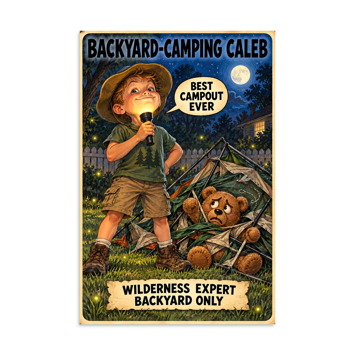 Backyard-Camping Caleb Poster by Brain Rot Bunch, 16 x 24 inch size