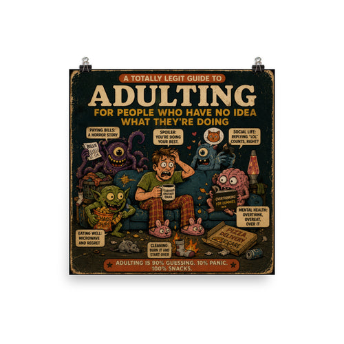 Adulting for People Who Have No Idea What They're Doing Poster by Brain Rot Bunch, 18 x 18 inch size