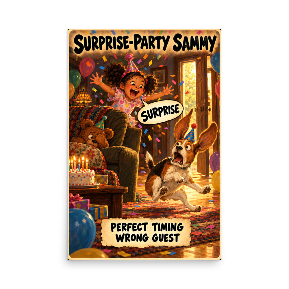 Surprise-Party Sammy Poster by Brain Rot Bunch, 24 x 36 inch size