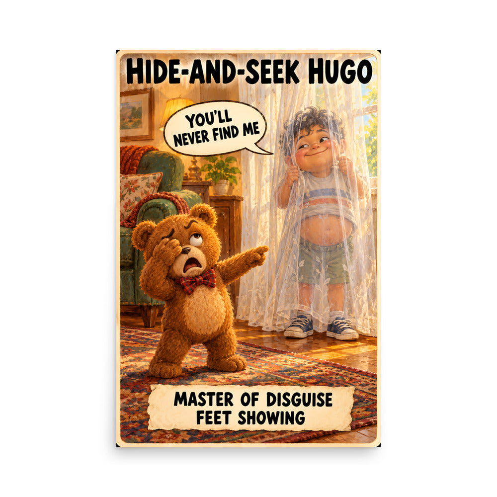 Hide-and-Seek Hugo Poster by Brain Rot Bunch, 24 x 36 inch size
