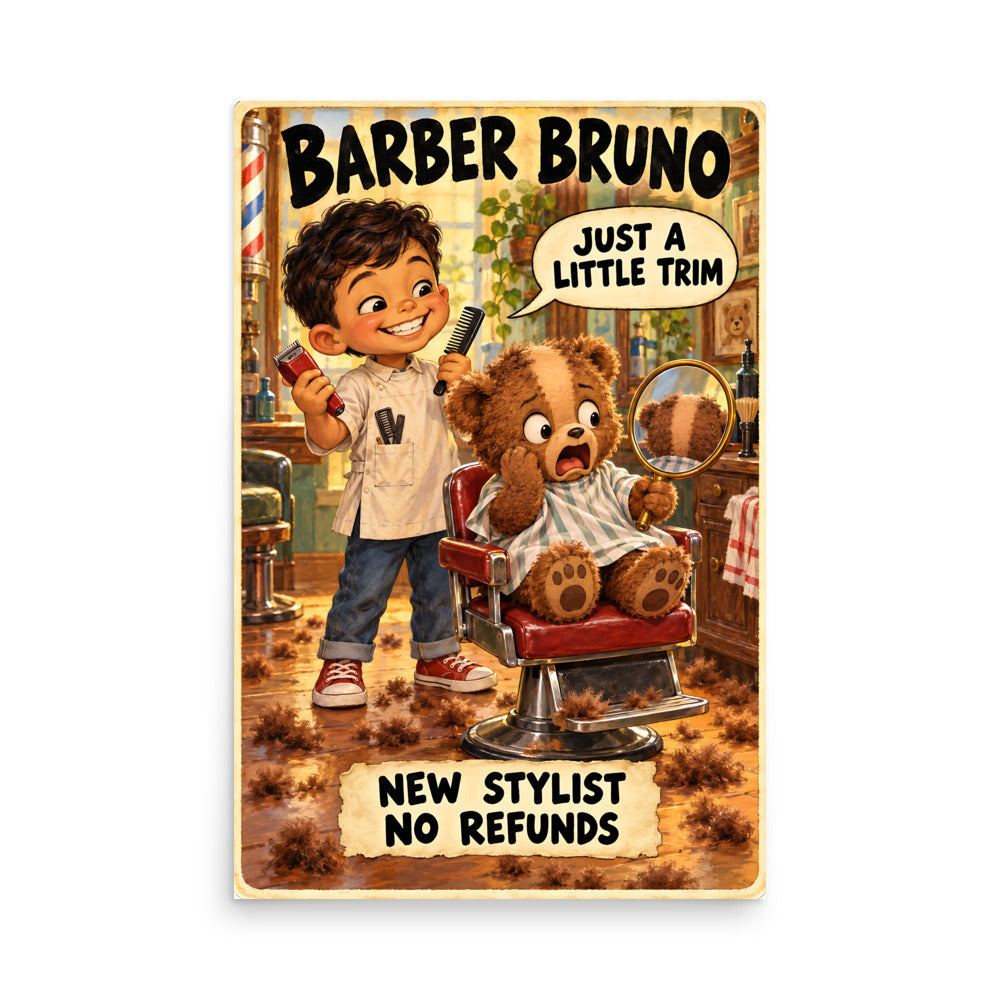 Barber Bruno Poster by Brain Rot Bunch, 24 x 36 inch size