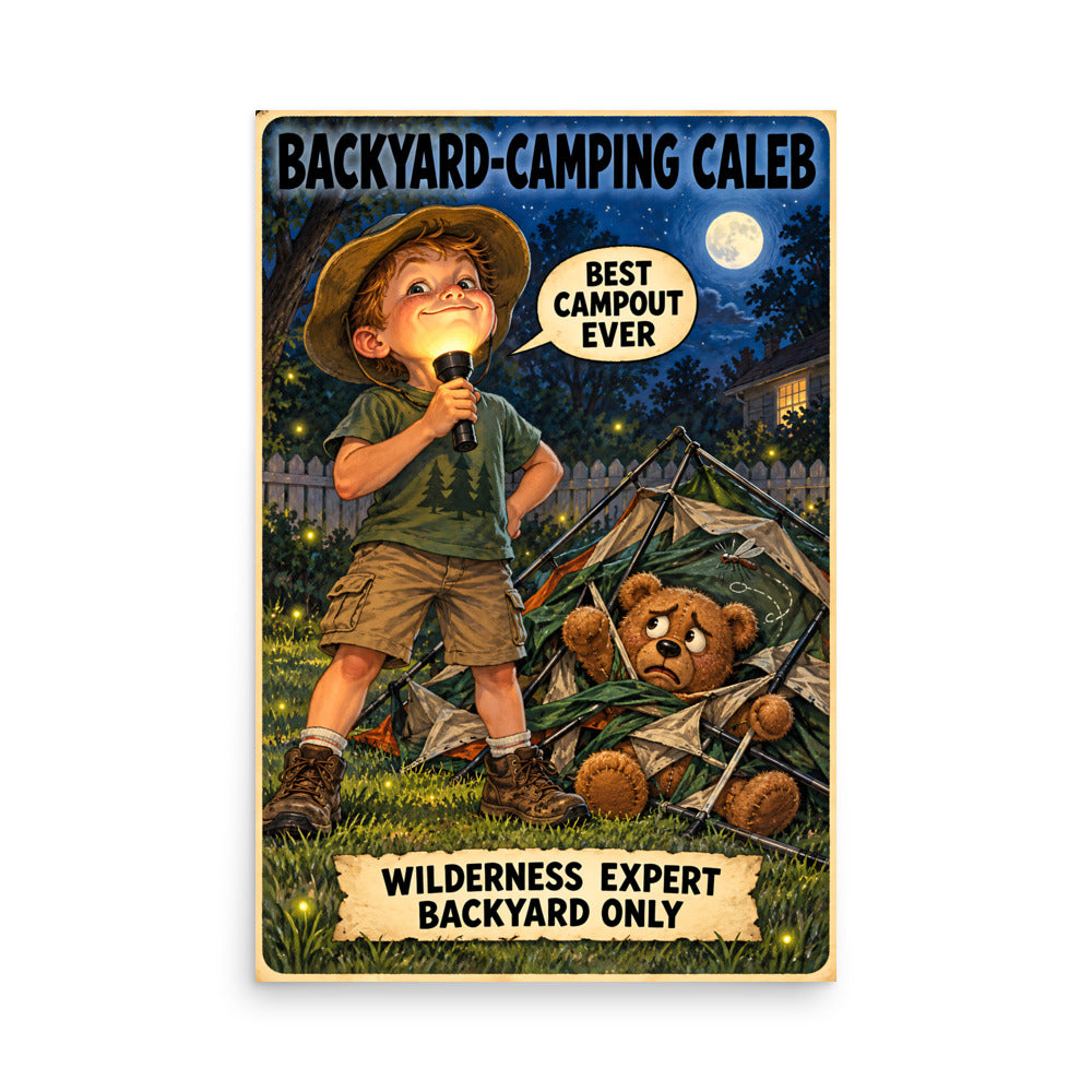 Backyard-Camping Caleb Poster by Brain Rot Bunch, 24 x 36 inch size