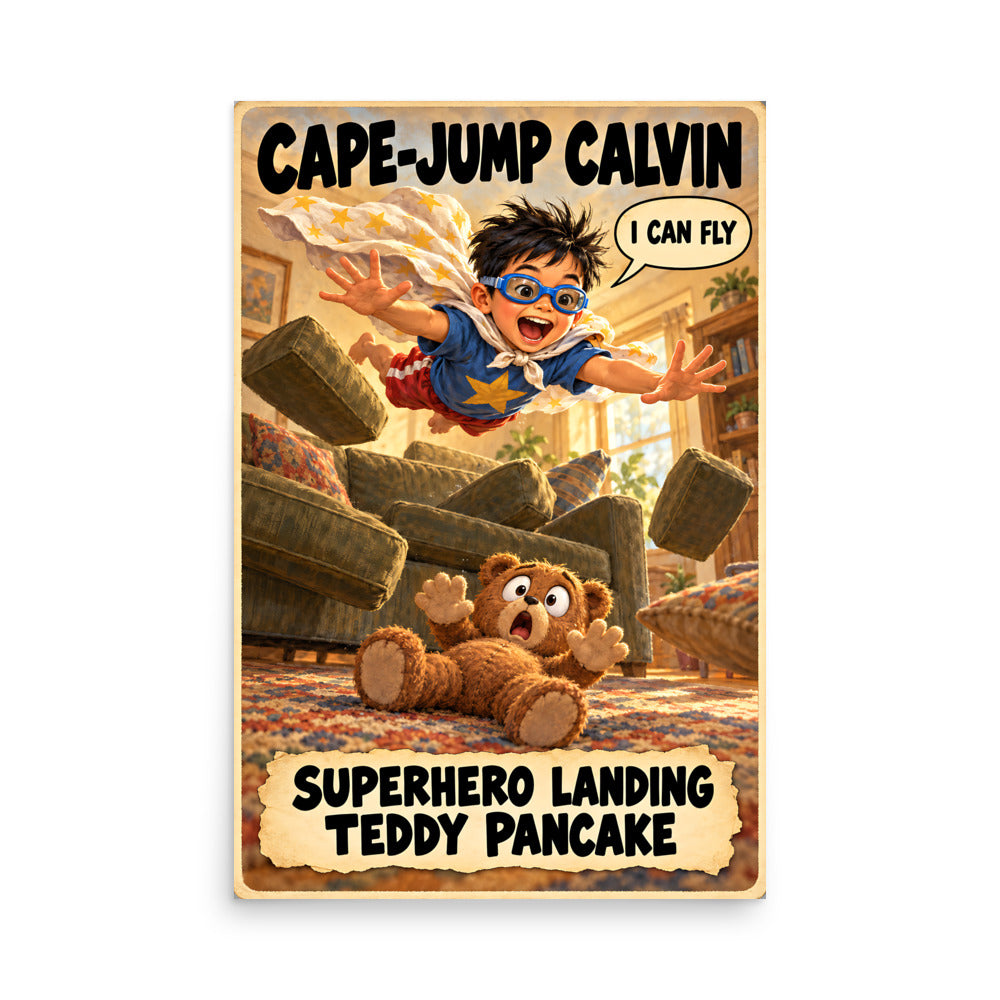 Cape-Jump Calvin Poster by Brain Rot Bunch, 24 x 36 inch size
