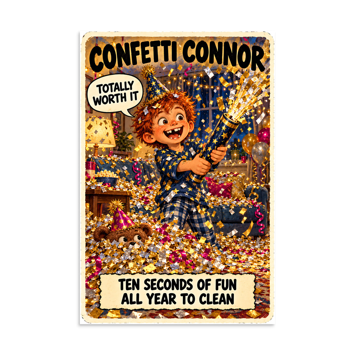 Confetti Connor Poster by Brain Rot Bunch, 8 x 12 inch size