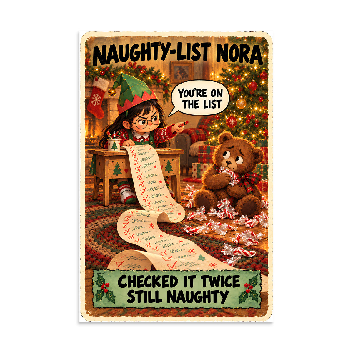 Naughty-List Nora Poster by Brain Rot Bunch, 8 x 12 inch size
