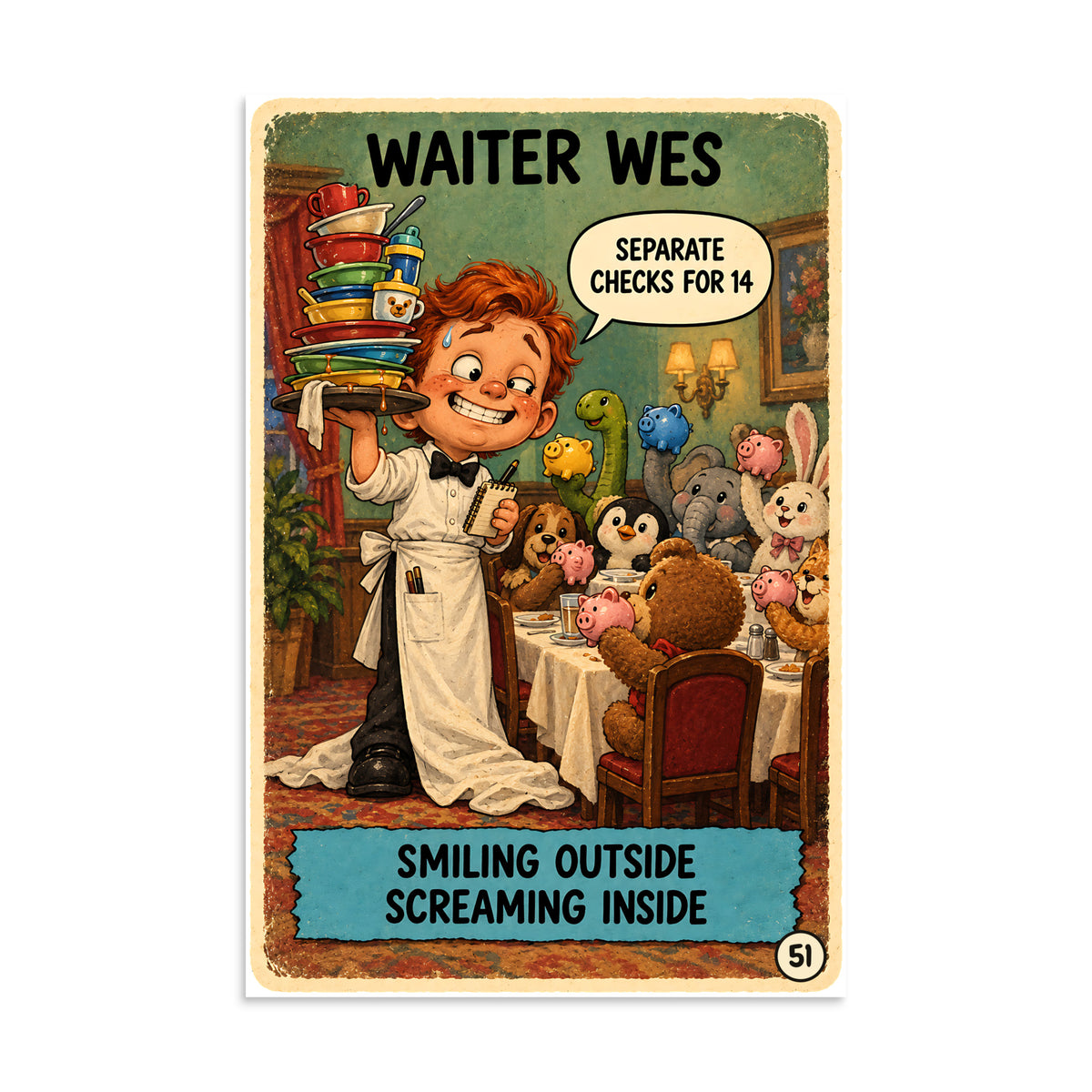 Waiter Wes Poster by Brain Rot Bunch, 8 x 12 inch size