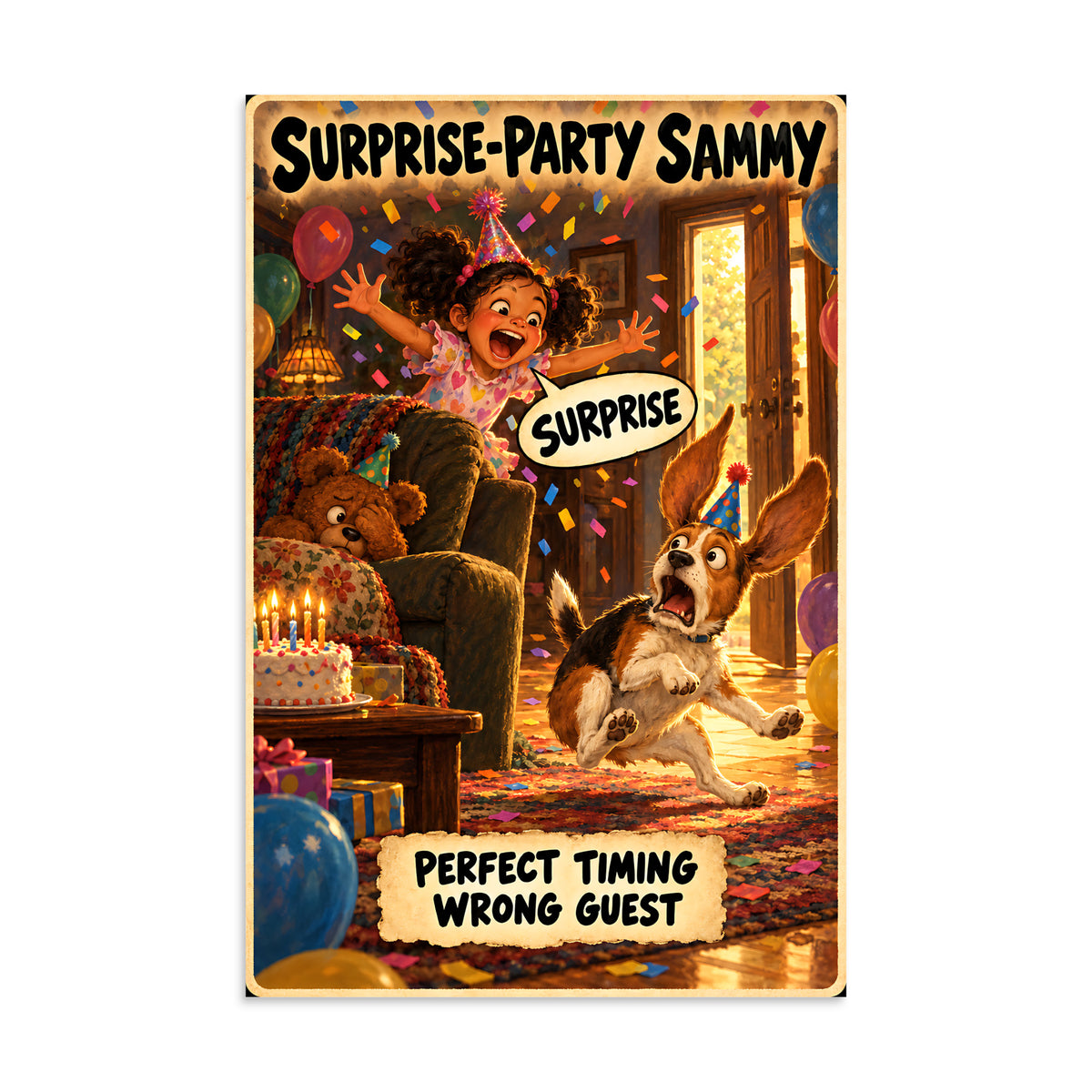 Surprise-Party Sammy Poster by Brain Rot Bunch, 8 x 12 inch size