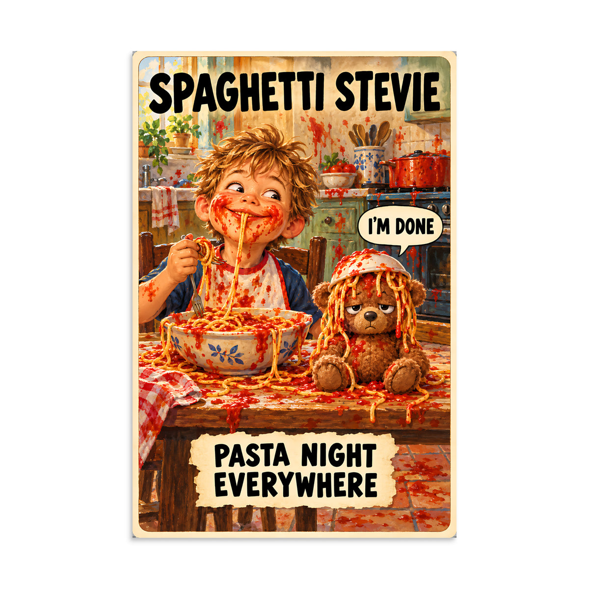 Spaghetti Stevie Poster by Brain Rot Bunch, 8 x 12 inch size