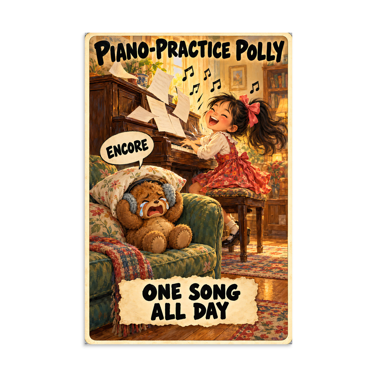 Piano-Practice Polly Poster by Brain Rot Bunch, 8 x 12 inch size