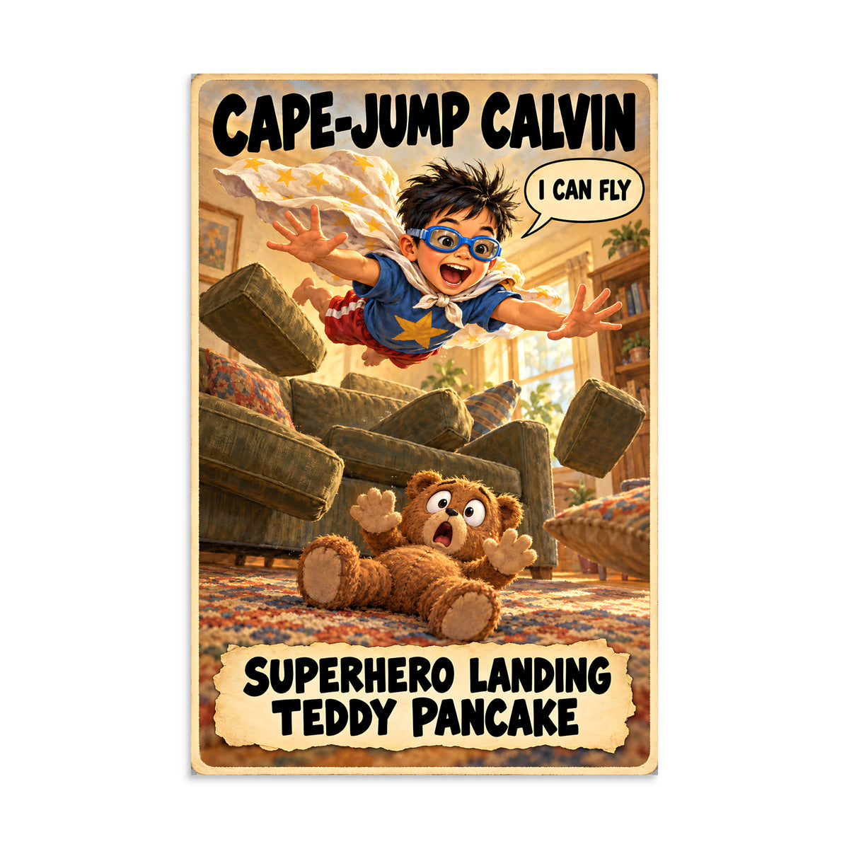 Cape-Jump Calvin Poster by Brain Rot Bunch, 8 x 12 inch size