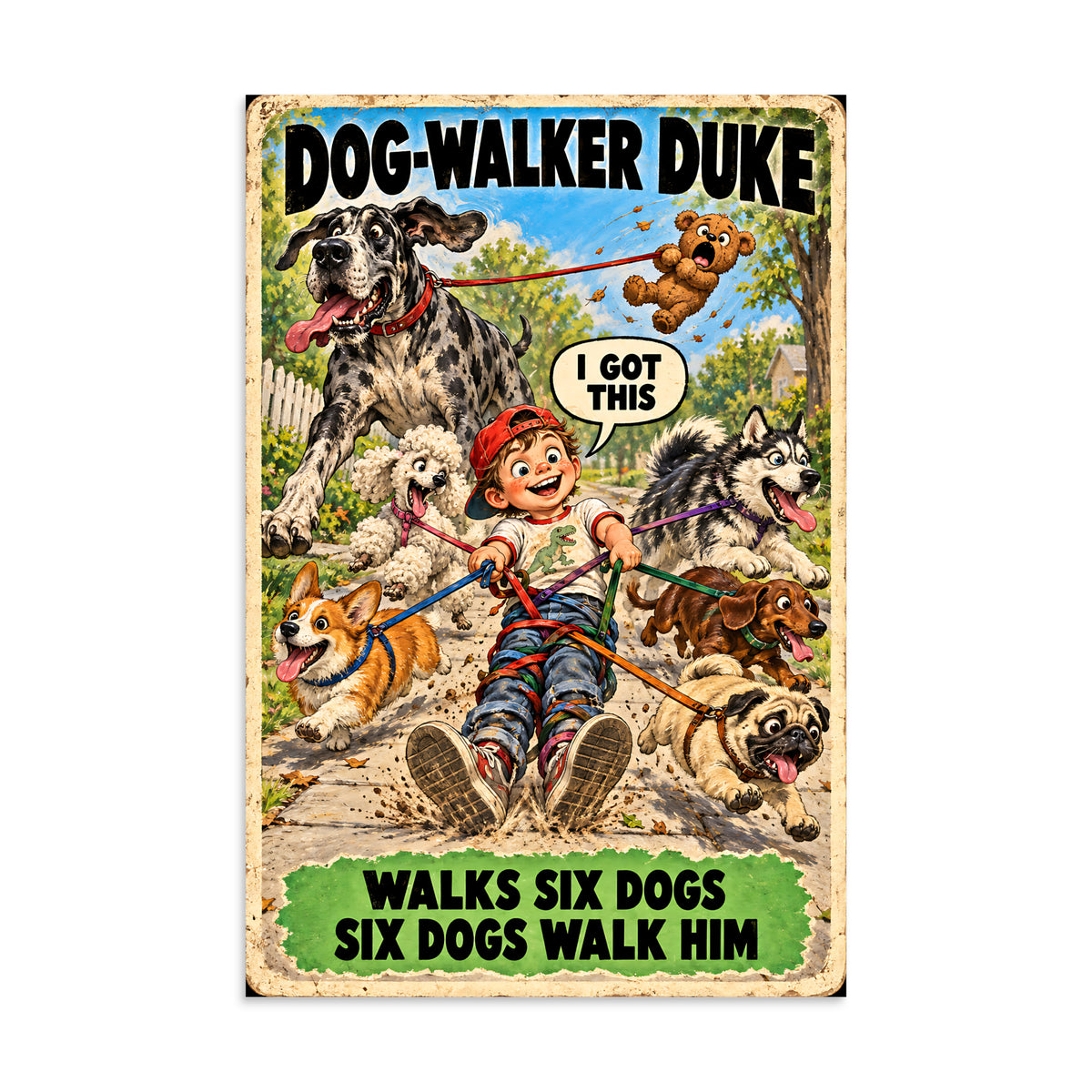 Dog-Walker Duke Poster by Brain Rot Bunch, 8 x 12 inch size
