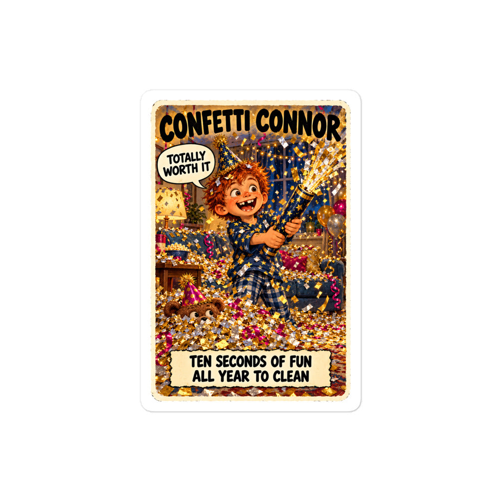 Confetti Connor Sticker by Brain Rot Bunch, 4 inch size