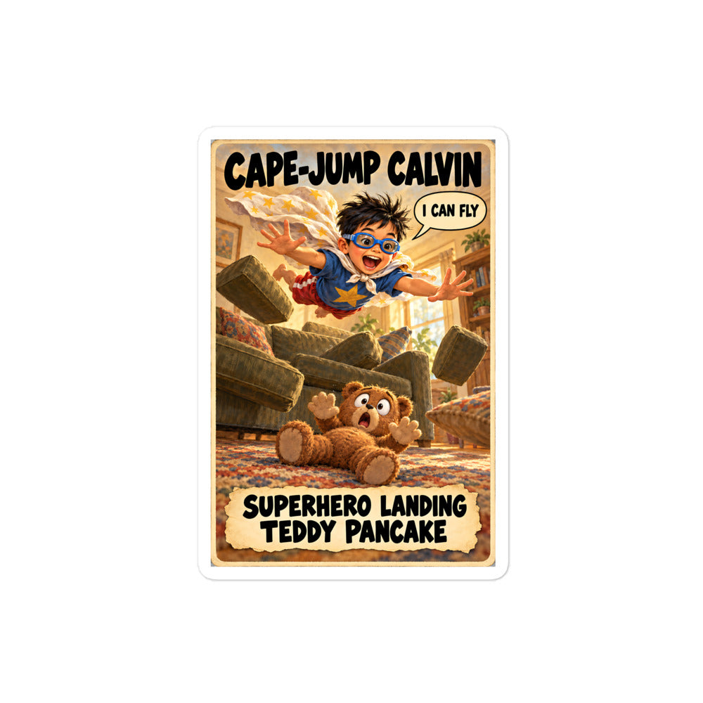 Cape-Jump Calvin Sticker by Brain Rot Bunch, 4 inch size