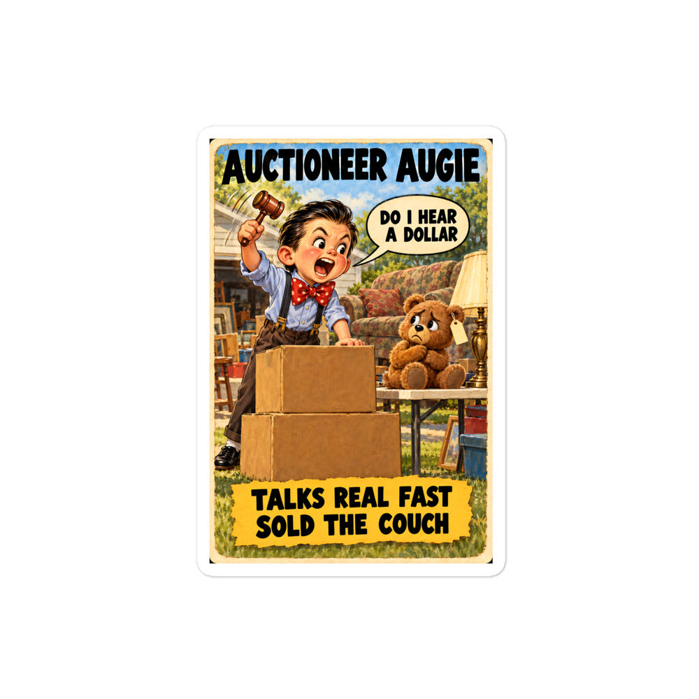 Auctioneer Augie Sticker by Brain Rot Bunch, 4 inch size