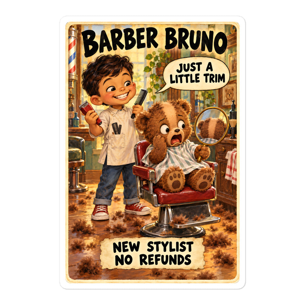 Barber Bruno Sticker by Brain Rot Bunch, 5.5 inch size
