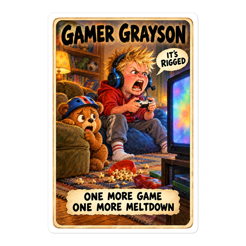 Gamer Grayson Sticker by Brain Rot Bunch, 5.5 inch size
