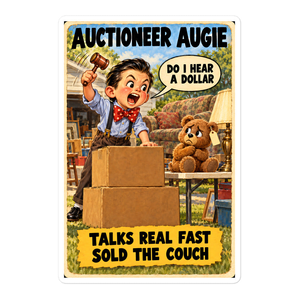 Auctioneer Augie Sticker by Brain Rot Bunch, 5.5 inch size