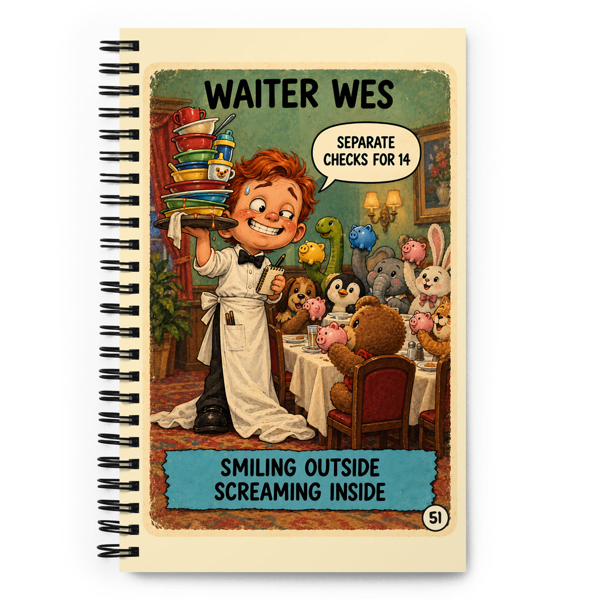 Waiter Wes Spiral Notebook by Brain Rot Bunch, front cover