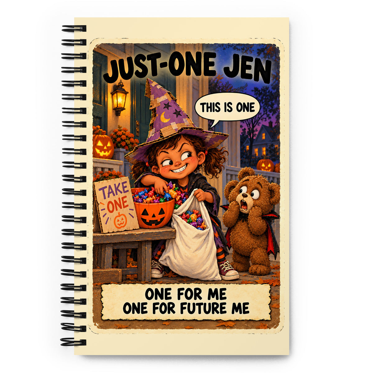 Just-One Jen Spiral Notebook by Brain Rot Bunch, front cover