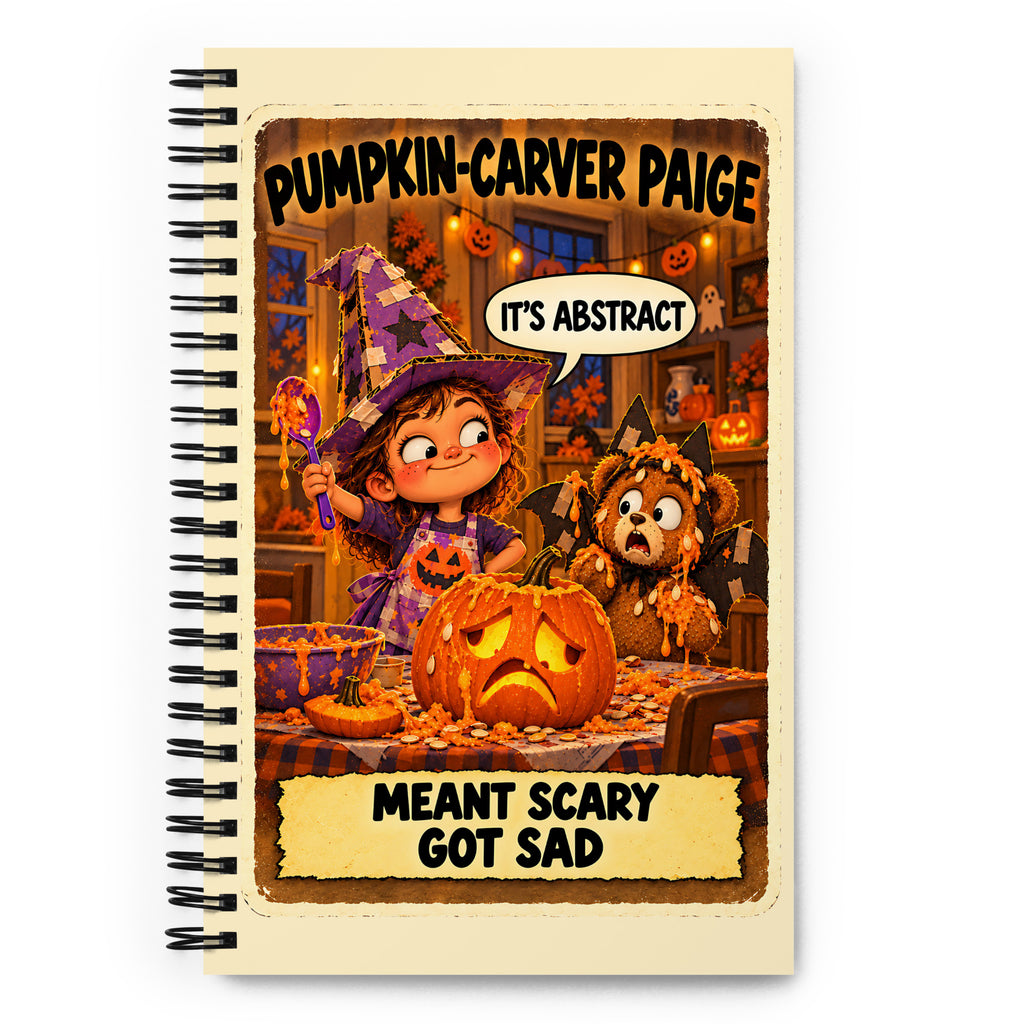 Pumpkin-Carver Paige Spiral Notebook by Brain Rot Bunch, front cover
