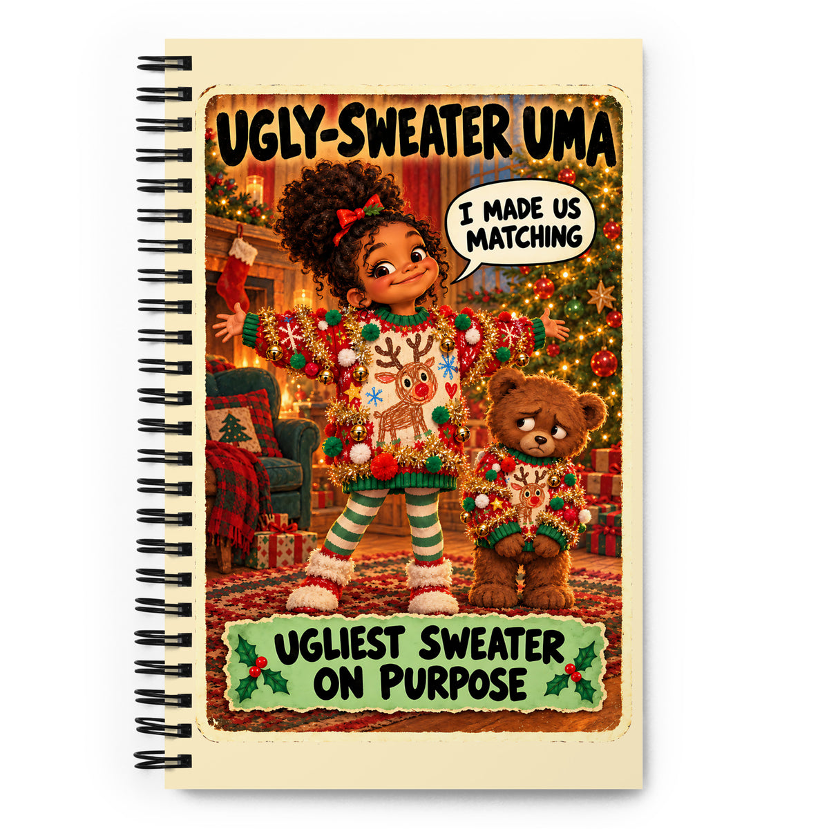 Ugly-Sweater Uma Spiral Notebook by Brain Rot Bunch, front cover