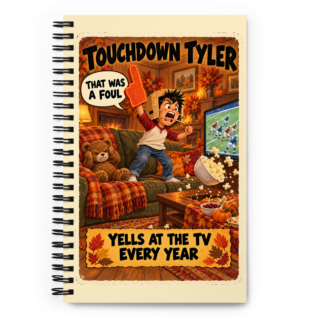 Touchdown Tyler Spiral Notebook by Brain Rot Bunch, front cover