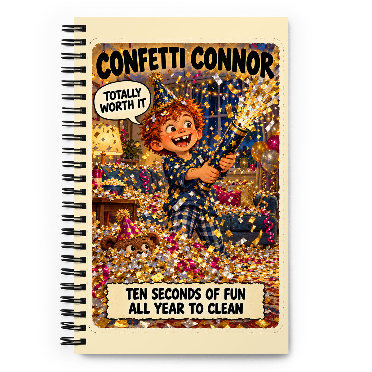 Confetti Connor Spiral Notebook by Brain Rot Bunch, front cover