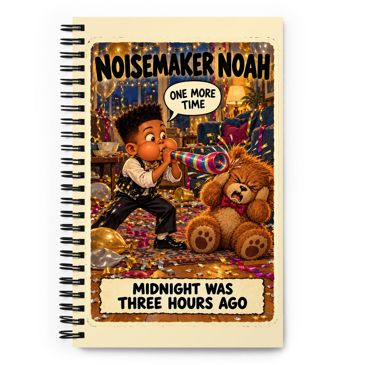 Noisemaker Noah Spiral Notebook by Brain Rot Bunch, front cover