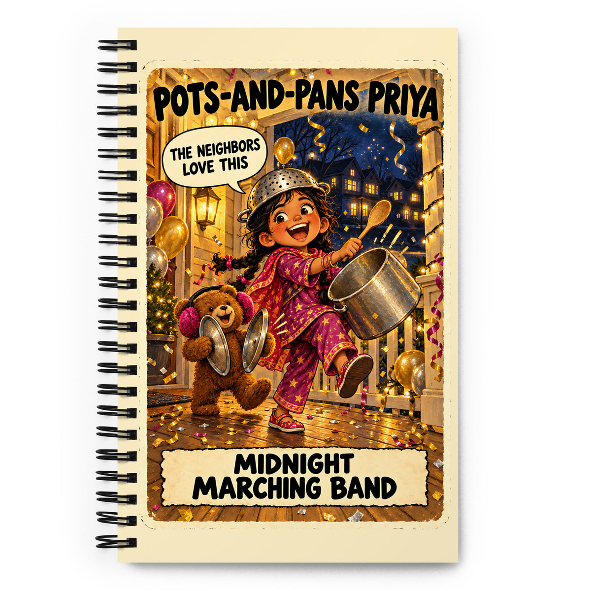 Pots-and-Pans Priya Spiral Notebook by Brain Rot Bunch, front cover