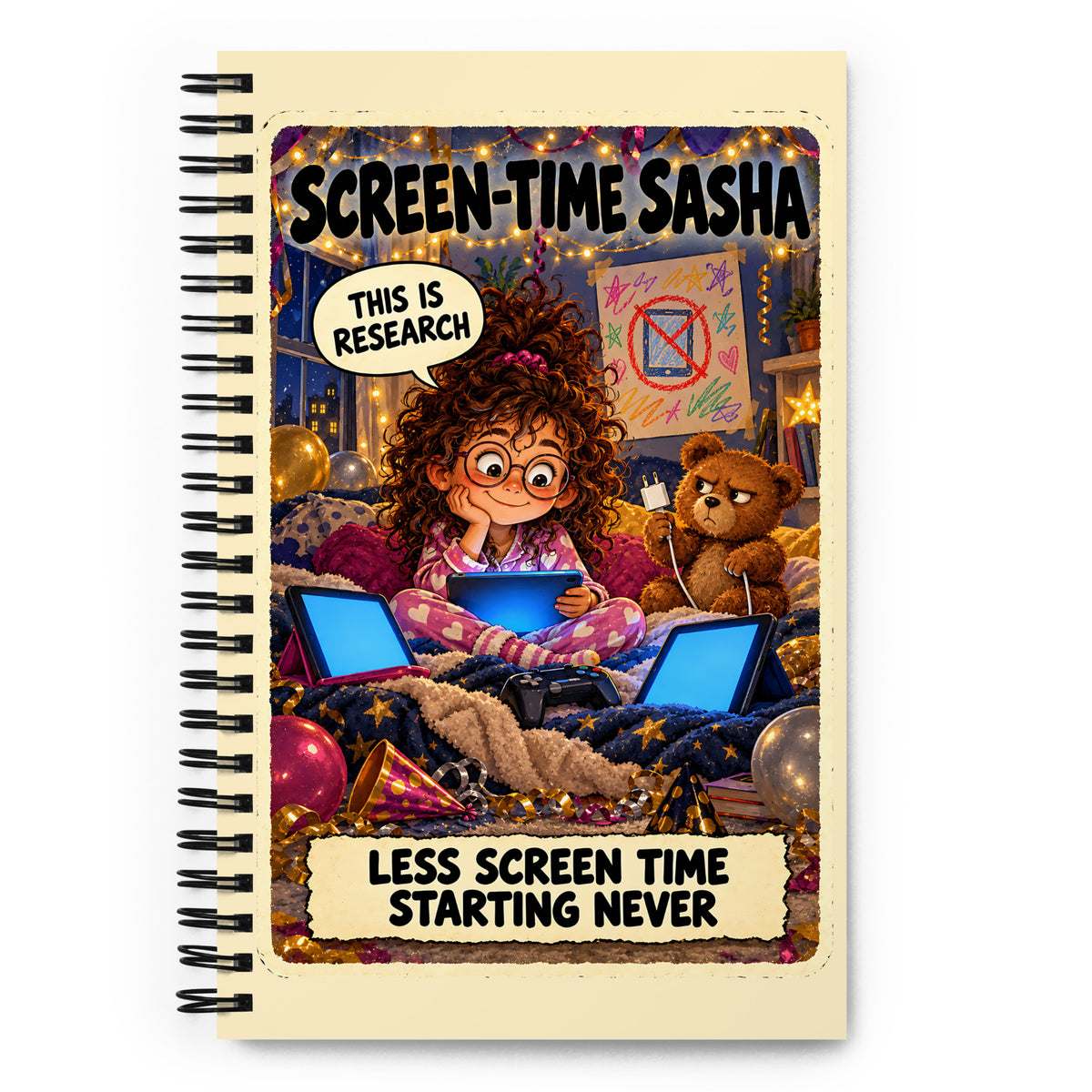 Screen-Time Sasha Spiral Notebook by Brain Rot Bunch, front cover
