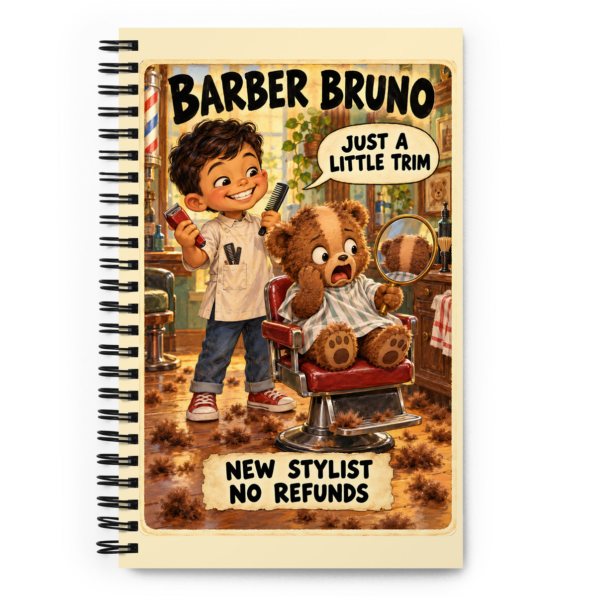Barber Bruno Spiral Notebook by Brain Rot Bunch, front cover