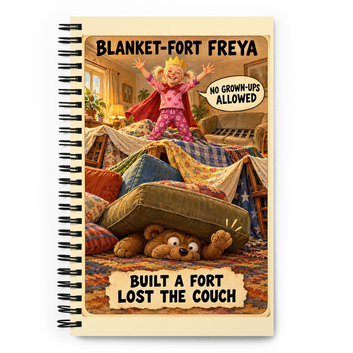 Blanket-Fort Freya Spiral Notebook by Brain Rot Bunch, front cover