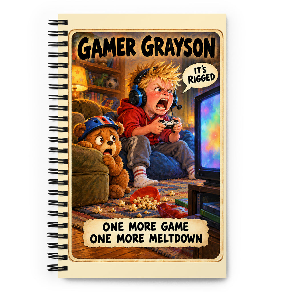 Gamer Grayson Spiral Notebook by Brain Rot Bunch, front cover